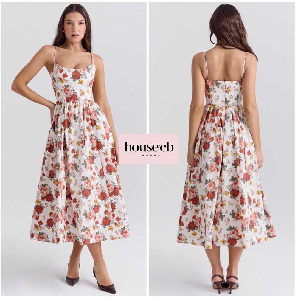 House of CB White Midi Dress with Red & Pink Rose Print